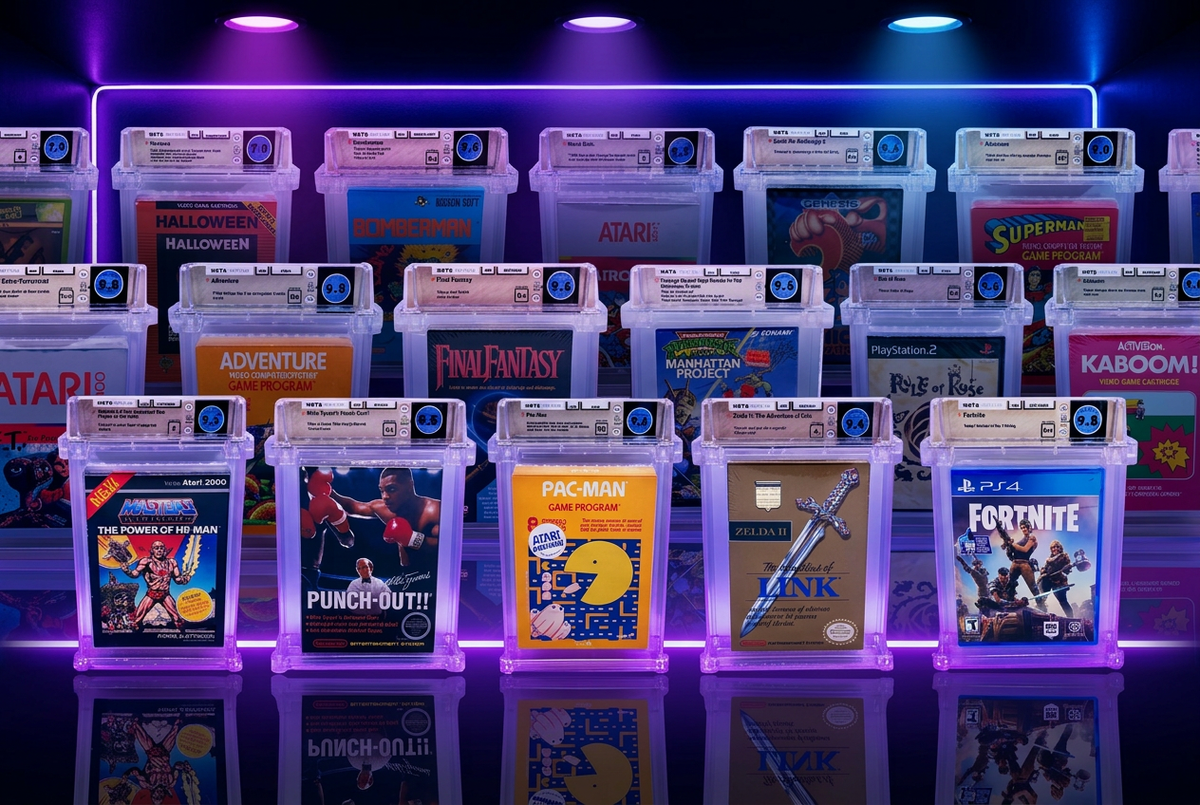Graded games collection with purple neon background transformation